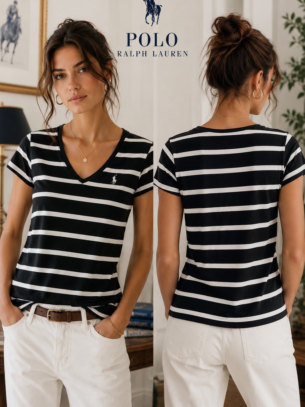 Polo by Ralph Lauren Black & White Striped V-Neck Tee with Polo Pony